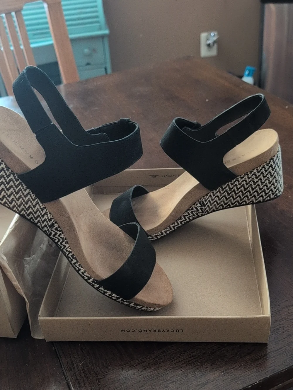 Lucky Brand Black Suede Wedge Sandals with Patterned Platform